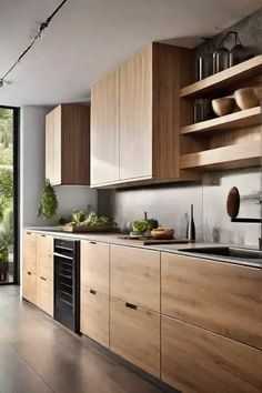 a modern kitchen with wooden cabinets and stainless steel appliance, wood flooring and sliding glass doors