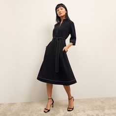 Lauleh Dress - Everyday Crepe :: Black Long Sleeve Belted Dresses For Work, Chic Daywear Dresses With Belted Cuffs, A-line Belted Workwear Dress, A-line Belted Dress For Work, Fall Dresses With Belted Cuffs For Work, Fall Work Dresses With Belted Cuffs, Fall Workwear Dresses With Belted Cuffs, Belted Knee-length Dress For Work, Chic 3/4 Sleeve Dress With Tie Waist