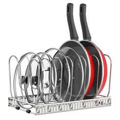 a rack with pots and pans on it