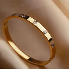 New - Stainless Steel Bangle Bracelet Color Gold Cartier Bangle, Gold Bangle Bracelets, Gold Bracelet Simple, Statement Cuff Bracelet, Brighton Bracelets, Adjustable Bangle Bracelet, Cubic Zirconia Bracelet, Bracelet Simple, Silver Plated Bracelet