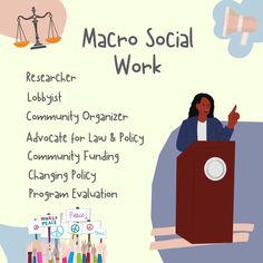 a woman giving a speech in front of a podium with the words macro social work