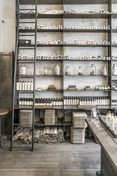 the shelves are full of bottles and containers