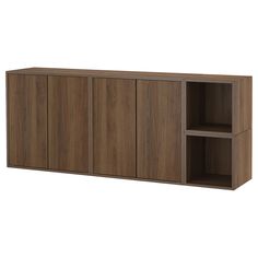 the sideboard is made from wood and has three open compartments on each side, one with