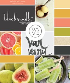 various fruits and vegetables with the words black vanilla on them