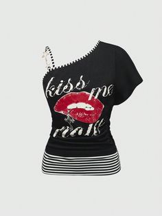 Y2K Vintage Retro Millennium Lip Print Shoulder T-Shirt For Women Black Casual  Short Sleeve Knitted Fabric Figure,Letter,Striped  Medium Stretch  Women Clothing, size features are:Bust: ,Length: ,Sleeve Length: Lip Print, Fashion Mirror, Lips Print, Y2k Vintage, Retro Hairstyles, J Fashion, Women's Shapewear, No Foundation Makeup, Print Crop Tops