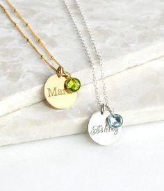 "This listing is for beautifully and dainty customizable necklace with a name engraved disk and a birthstone pendant of your choice. This necklace looks great alone or layered! The charm can be engraved on one or both sides. Please see last image for details. Disc charm is 16mm/ 0.5\" Birthstone is 6mm/ 0.2\" Optional engraving on backside. Default is \"Script\" unless otherwise specified. ★ ★ TO ORDER: Please select from the first drop down menu your choice for engraving. The second drop down m Customizable Necklace, Heartbeat Necklace, Coin Pendant Necklace, Birthstone Pendant, Disc Pendant, Custom Name Necklace, Disc Necklace, Bridesmaid Necklace, Necklace Personalized