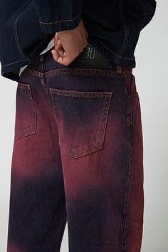 Baggy fit skate jeans by BDG with a relaxed '90s-inspired silhouette. These vintage style jeans feature a higher rise waist, wide leg openings and raw hems for an authentic vintage feel. 100% cotton BDG denim with classic 5-pocket styling, belt loops and BDG logo tag. Only at Urban Outfitters. Features Baggy fit jeans from BDG 14oz. denim 5-pocket; zip fly UO exclusive Content + Care 100% Cotton Machine wash Imported Size + Fit Model is 6’1" and wearing size 32 Measurements taken from size 32 Rise: 13" Inseam: 32" Leg opening: 10" | BDG Tinted Baggy Skate Fit Jean in Purple, Men's at Urban Outfitters Purple Mens Outfits, Mens Pants Fashion Jeans, Purple Jeans Outfit, Wide Leg Jeans Men, Mens Baggy Jeans, Stitched Jeans, Baggy Pants Men, Skate Jeans, Baggy Fit Jeans