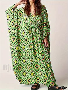 Bjux - Womens Geometric Print V Neck Kaftan with Plaid Details: Batwing Sleeves, Loose Fit, Tribal Inspired Beach Cover Up Dress – Ideal for Swimwear & Resort Clothing Patterned Long Maxi Dress For The Beach, Patterned Maxi Dress For The Beach, Patterned Beachwear Maxi Dress For Beach, Patterned Maxi Dress For Beach, Green Boho Print Kaftan For Summer, Patterned Maxi Beach Dress, Green Vibrant Print Maxi Dress For Beach Season, Green Maxi Dress With Vibrant Print For Beach Season, Green Printed Beach Maxi Dress