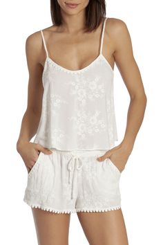 Relaxed Fit Embroidered Tops For Loungewear, Floral Embroidery Loungewear Sets For Summer, Floral Embroidered Loungewear Sets For Summer, White Floral Embroidery Sets For Vacation, Spring Floral Embroidered Sleepwear For Loungewear, Casual Camisole Sleepwear For Vacation, Embroidered Loungewear Sets For Summer, Casual Embroidered Sets For Vacation, Embroidered Sets For Summer Loungewear