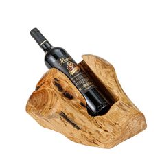 a wine bottle holder made out of wood with a wooden horse head on the side