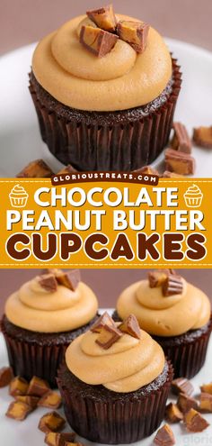 These Chocolate Peanut Butter Cupcakes are a simple dessert recipe that starts with chocolate cupcakes topped with a creamy peanut butter frosting. These homemade cupcakes are the best chocolate dessert ever! Thick Heels Pumps, Chocolate Cupcakes Moist, Cupcake Recipes Chocolate, Peanut Butter Frosting