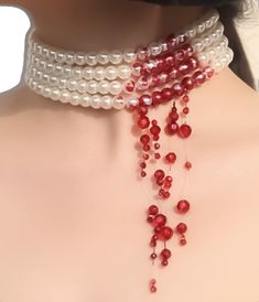 White Halloween Party Jewelry, Red Pearl Chain Necklace For Party, Red Pearl Necklace For Party, Red Choker For Halloween Party, Adjustable Pearl Choker For Party, Adjustable Party Pearl Choker Necklace, Handmade Vampire Style Party Necklace, Party Red Pearl Necklaces, Red Pearl Necklaces For Party