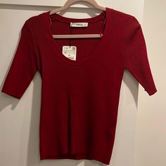 Zara Knit Shirt In A Burgundy Color. Thick Yet Stretchy Material. 3/4 Sleeves. New With Tags Red Fitted Half Sleeve Top, Casual Red Fine Knit Top, Zara Crew Neck Fine Knit Tops, Zara Fine Knit Crew Neck Top, Red Fine Knit Fitted Top, Red Fitted Fine Knit Top, Zara Knit Short Sleeve Tops, Zara Knit Tops Short Sleeve, Casual Knit Tops With 3/4 Sleeves