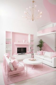 a living room with pink and white furniture in the corner, shelving unit on the far wall