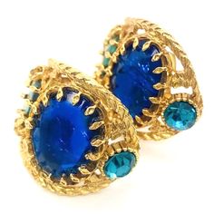 Absolutely Gorgeous Large Vintage Ornate Byzantine Rhinestone Earrings. Unsigned Beauties But Sure Look Like Aurentis !! Heavy Gold Plated Metal In An Ornate Byzantine Design Set With Blue And Green Rhinestones. Large Ornate Prongs. Clip Backs Which Are Secure. These Measure 2 3/4 Inches Long By 1 3/8 Inches Wide. Excellent Vintage Condition With Minimal Age Appropriate Wear. Byzantine Design, Design Set, Rhinestone Earrings, Earrings Color, Vintage Earrings, Blue Gold, Gold Plate, Color Blue, Jewelry Earrings