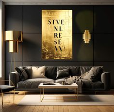 a living room with black walls and gold accents on the wall is decorated in modern style