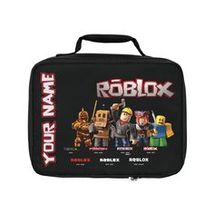 a black lunch box with roblox characters on it