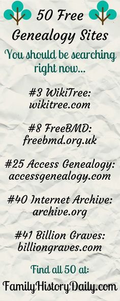 a poster with the words 50 free genealogy sites you should be searching for right now