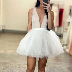 #deepvneckhomecomingdresses #shorthomecomingdresses #deepvneckdresses #homecomingdressesvneck Short White Prom Dress, White Prom Dress Short, White Homecoming Dress, Cute V, White Homecoming Dresses, White Prom, Tulle Homecoming Dress, Two Piece Homecoming Dress, White Prom Dress