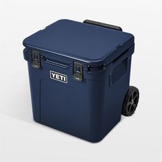 a blue yeti cooler on wheels