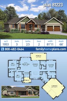 Craftsman, Ranch Style House Plan 81223 with 1953 Sq Ft, 3 Bed, 3 Bath, 2 Car Garage