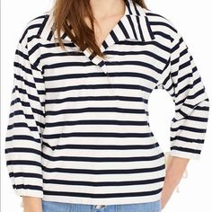 J Crew Striped Nautical Top Sweater New Size S Nautical Black Stripes In White Sleeves With Tie Summer Vacation Sweater Cotton Sailor Style Top, White Sailor Style Long Sleeve Tops, White Marine Style Cotton Tops, Sailor Collar Tops For Spring Workwear, White Marine Style Long Sleeve Top, Casual White Sailor Collar Top, White Casual Tops With Sailor Collar, Spring Sailor Striped Top, Striped Sailor Style Top For Spring