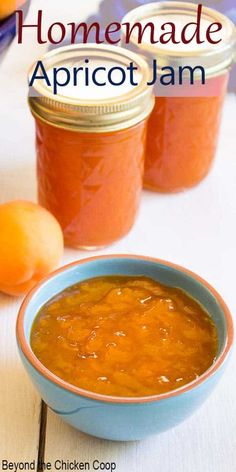 homemade apricot jam in a blue bowl next to two oranges on a white table