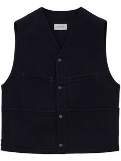 black cotton V-neck front button fastening sleeveless two front patch pockets Cotton V-neck Vest With Button Closure, Black Sleeveless Cotton Outerwear, Black Workwear Vest With Pockets, Cotton Vest With Pockets For Workwear, Cotton Work Vest With Pockets, Cotton Workwear Vest With Pockets, Casual Workwear Vest With Patch Pockets, Cotton V-neck Vest With Pockets, V-neck Cotton Vest With Pockets