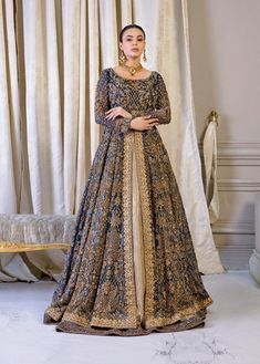 Pakistani Bridal Dress in Open Frock and Lehenga Style is a traditional masterpiece adorned with Intricate Embroidery, Sequins, and Motifs. Custom sizes. Blue Pakistani Bridal Dress, Pakistani Gowns, Pakistani Bridal Dress, Pengantin India, Walima Dress, Desi Wedding Dresses, Makeup Tip, Asian Bridal Dresses, Asian Wedding Dress