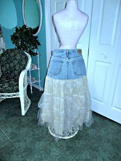 "This \"Belle Bohémienne\" jean skirt is one of my line of Renaissance Denim Couture, the name I chose for my line of couture because I take vintage denim and give it new life with French bohemian flair. To make this Renaissance Denim couture, I took an authentic pair of vintage 1970's GAP jeans and upcycled them by adding an exquisite vintage Marrika Nakk skirt that has lots of layers of gorgeous, exquisite, antique eyelet lace and soft bridal tulle in beautiful golden beige and ceam The waist Fairy Cowgirl, Cowgirl Mermaid, Denim Couture, Boho Fairy, French Bohemian, Lace Jeans, Church Fits, Fairy Festival, Rose Jeans