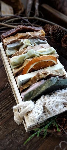 a wooden box filled with different types of food