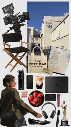 a collage of various items including an apple, camera, and other things that are on display