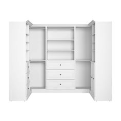 an open white closet with drawers and shelves on the bottom shelf, isolated against a white background