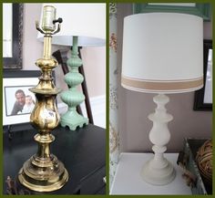 two pictures of lamps, one in gold and the other in white with green trim