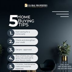 a black and white photo with the words 5 home buying tips written in front of it