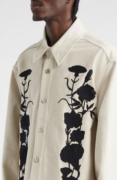 Find SONG FOR THE MUTE Embroidered Foliage Cotton Shirt Jacket on Editorialist. Shadowy floral embroidery blooming vertically brings the Australian label's eclectic spirit to an all-cotton shirt-jacket detailed with logo-engraved snaps. Front snap closure Point collar Snap cuffs Curved hem 100% cotton Dry clean Imported Designer Clothing Embroidered Foliage, Textiles Moodboard, Embroidery Jacket, Embroidered Hem, Male Clothing, Embroidery On Clothes, Work Jacket, Men Shirt, Work Jackets