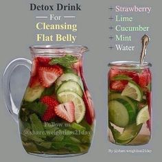 a pitcher filled with cucumber and strawberries next to a glass jar full of water