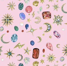 a pink background with lots of different jewels and stars on the top of each one