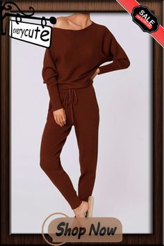 Boat Neck Long Sleeve Pants Sets Solid Sweatpants For Workwear In Fall, Fall Loungewear Ankle-length Pants, Brown Sweatpants For Fall, Brown Sweatpants With Elastic Waistband For Fall, High Waisted Joggers, Fit Outfits, Boat Neck Long Sleeve, Knit Set, So Sweet