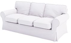 a white couch with three pillows on it's back and two armrests