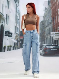 High Waist Straight Leg Denim Trousers - Light Blue,XS High Waist Cropped Jeans For Streetwear, Spring Streetwear Cargo Jeans With Tapered Leg, Urban Cargo Jeans With Five Pockets For Summer, Urban High Waist Summer Jeans, Urban Tapered Leg Jeans For Summer, Urban Tapered Leg Summer Jeans, High Waist Cropped Jeans In Medium Wash For Streetwear, Summer Streetwear Full-length Jeans, High Rise Cargo Jeans For Summer Streetwear