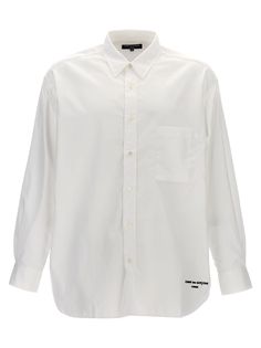 Cotton shirt with contrast embroidered logo, front pocket, side pockets, button closure, long cuffed sleeves. Composition: 100% cotton Classic Long Sleeve Shirt With Patch Pockets, White Shirt With Patch Pockets And Spread Collar, White Long Sleeve Shirt With Embroidered Logo, Classic Cotton Shirt With Embroidered Logo, Casual Long Sleeve Shirt With Embroidered Logo, White Long Sleeve Shirt With Welt Pockets, Classic White Tops With Patch Pockets, Long Sleeve Cotton Shirt With Patch Pockets, White Cotton Shirt With Concealed Placket