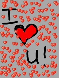 the words i love you are surrounded by small red hearts on a gray background with black letters