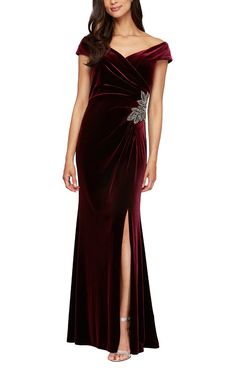 red Velvet Evening Dress, Gala Dress, Metallic Embroidery, Flare Gown, Gown Style, Velvet Gown, Garden Party Dress, Alex Evenings, Petite Dresses