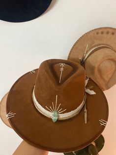 Brown Flat Brim Alchemy Hat Made in Tulum - Etsy Embellished Hats Ideas, Custom Hat Ideas, Tulum Style, Magical Hands, Cowboy Hat Design, Hat Burning, Bohemian Hats, Custom Cowboy Hats, Handmade Hats