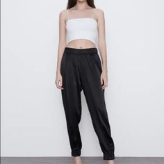 Zara Denim Stretchy Jogging Style Pants With Tapered Leg. 2 Pockets In The Front. Stretchy Waist Band. Athleisure Comfortable Casual Pants. Stretchy Pant With Denim Wash Look. Women’s Size Small. New With Tags. Model Photo Is Similar Style By Brand, But Not Exact. Silk Harem Pants, Jogging Pants Black, Jogging Style, Satin Joggers, Women Jogger Pants, Cropped Joggers, Stretchy Pants, Bodysuit Lingerie, Jogging Pants