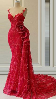 Wedding Dresses Sleeveless, Evening Dresses Wedding, Baju Kahwin, Prom Dresses Mermaid, Red Lace Prom Dress, Modest Evening Dress, Mermaid Evening Gown, Red Evening Dress