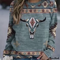 Olivia Mark - Cow Head Print Crew Neck T-Shirt, Casual Long Sleeve T-Shirt For Spring & Fall, Women's Clothing Aztec Shirt, Aztec Fashion, Feel Happy, Basic Tops, Printed Sweater, Teen Girls, Pullover Sweatshirts, Western Wear, Long Sleeve Sweatshirts