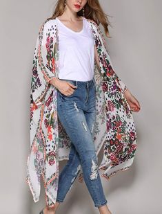 Long Kimono Cardigan, Floral Kimono Cardigan, Loose Kimono, Chiffon Kimono, Boho Jacket