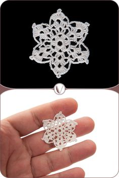 a hand holding a small white crocheted snowflake